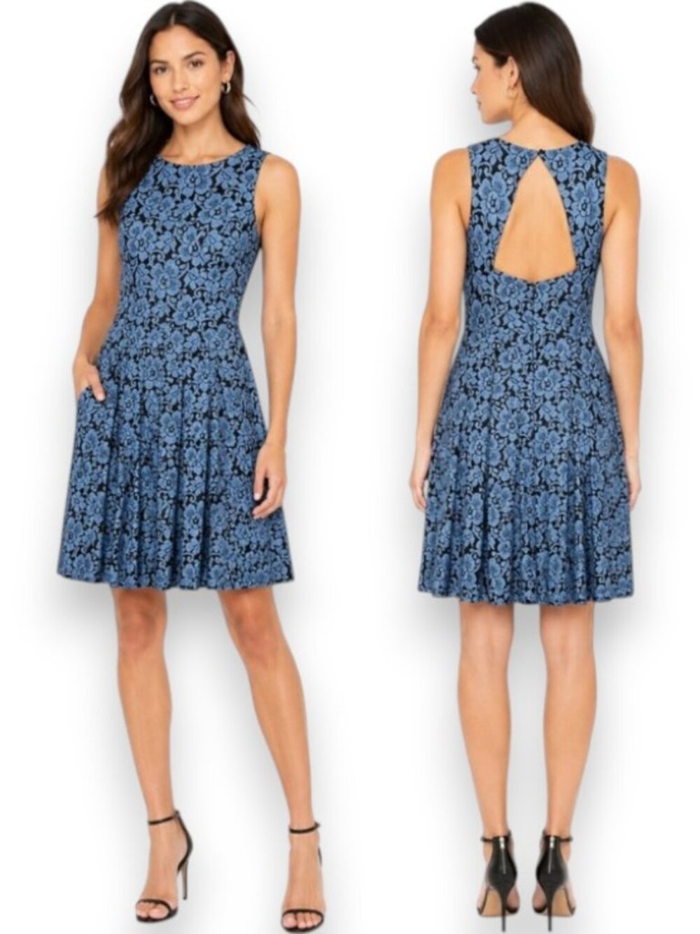 Eliza J Lace Black Blue Floral Cocktail Fit Flare Pleated Mini Dress Size 4